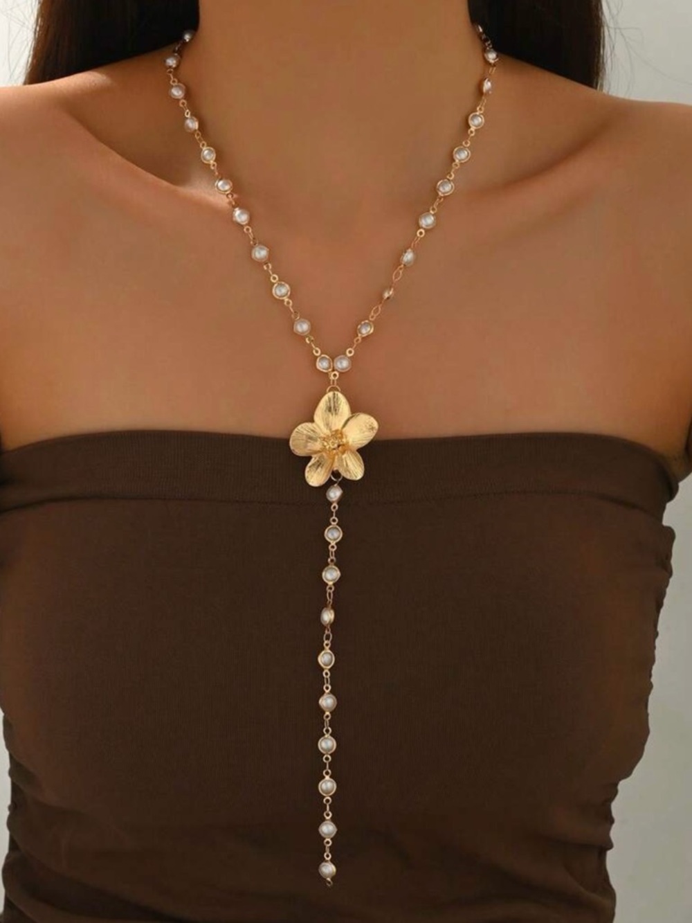Gold Pearl Floral Lariat Necklace - Women's Jewelry